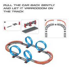 Playzu High Speed Pull Back -4A 66 pcs Four 360 Degree Loops Racing Track Game with Building Block Sets and Two Strong 1:64 Scaled Pull Back Cars for Ages 6+