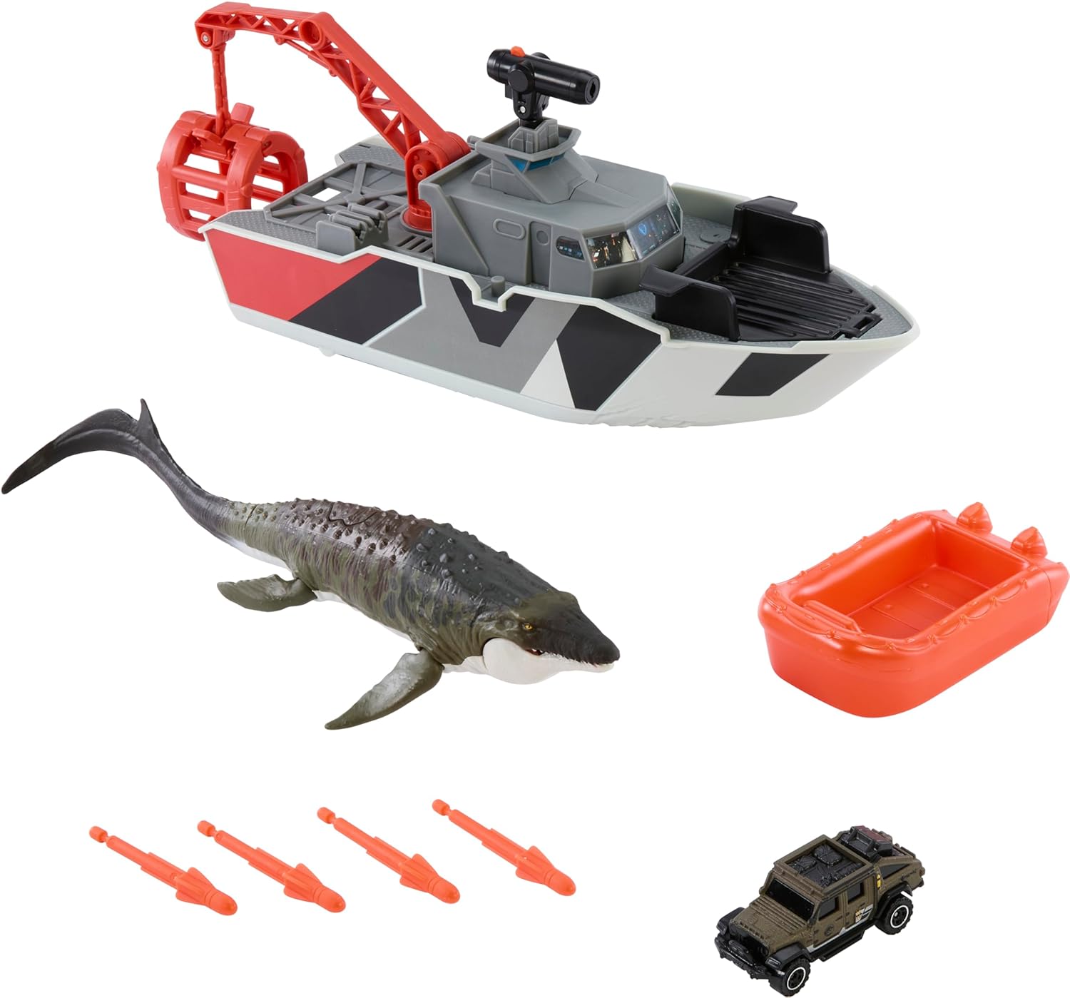 Matchbox Jurassic World Playset with 12.5" Boat with 13" Mosasaurus 1:64 Scale Die-Cast Jeeps, Harpoon Missiles and Removable Rescue Boat for Kids Ages 3+