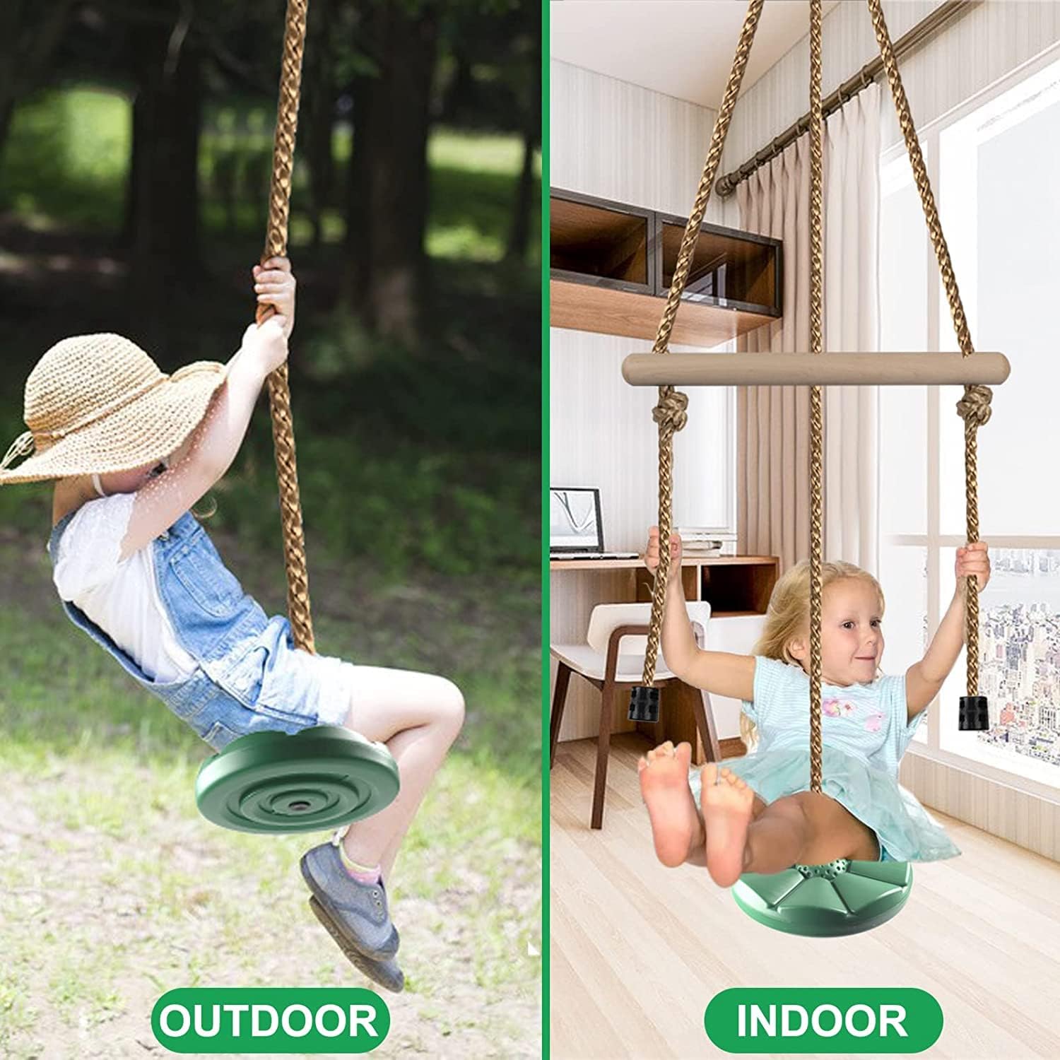 REZNOR 7FT Height Adjustable Gym Monkey Disc Bars Swing for Kids Tree Swing for Backyard, Green