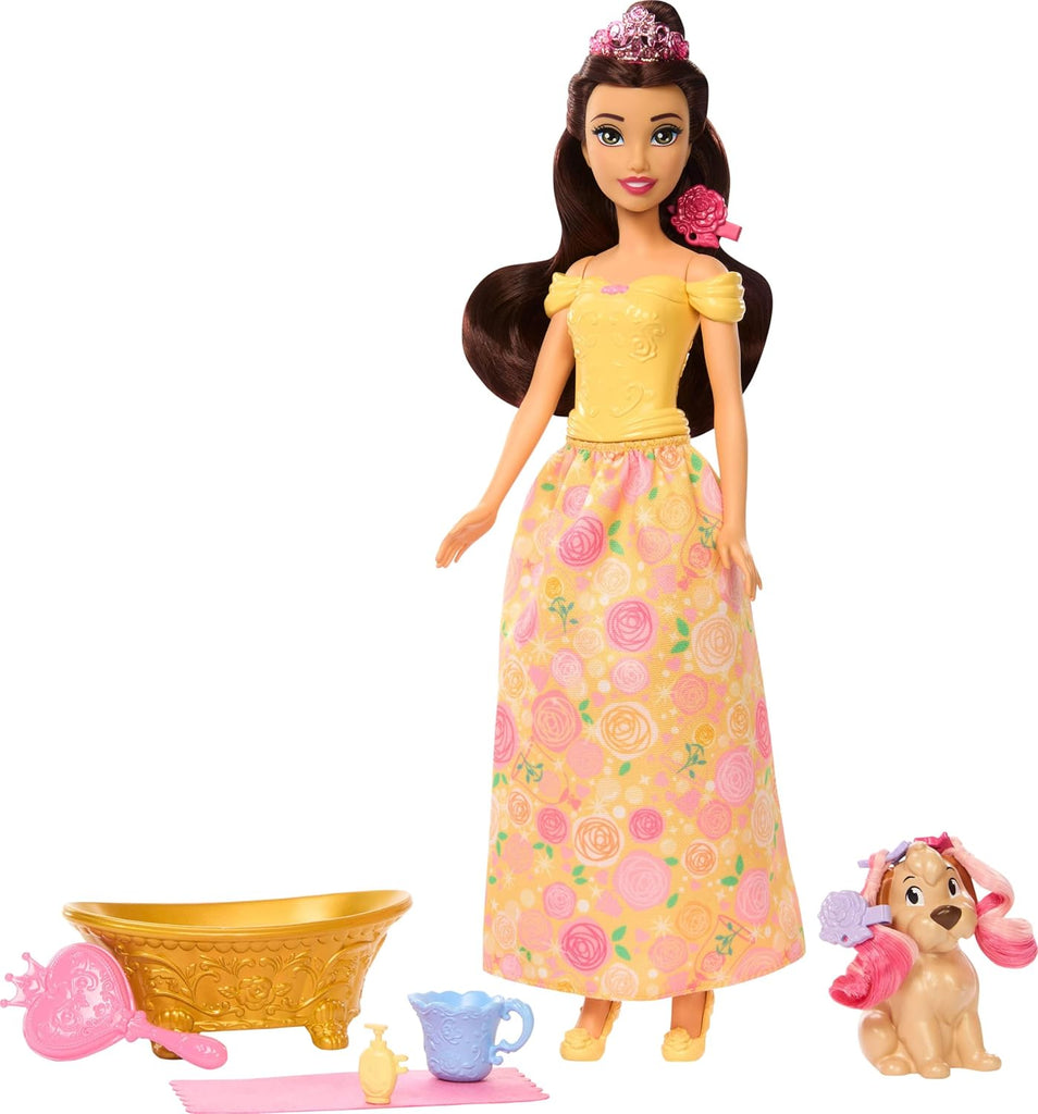 Disney Princess Belle Fashion Doll & Dog Figure with Color Change Spots, Bathtub, Brush & Hair Accessories, Inspired by Beauty & The Beast