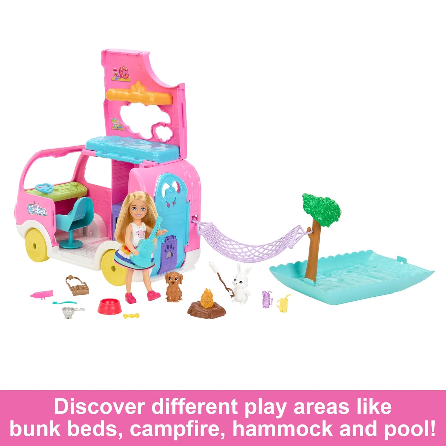 Barbie Chelsea Camper 2-in-1 Playset with Small Doll, 2 Pets & 15 Accessories, Vehicle Transforms into Camp Site for Kids Ages 3+