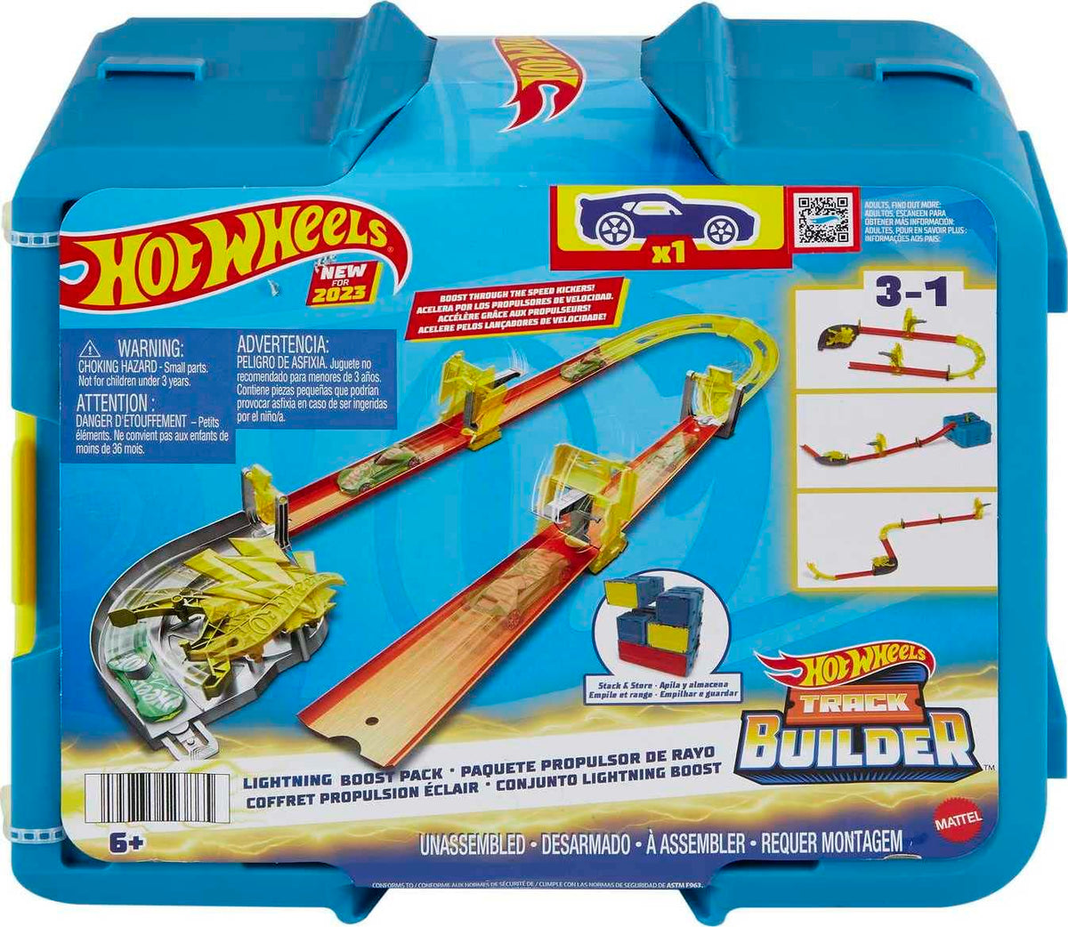 Hot Wheels Track Set with 1 Hot Wheels Car, 12 Track Boosting Components, Stackable Toy Storage Box, Lightning-Themed Track Builder Set for Kids Ages 5+