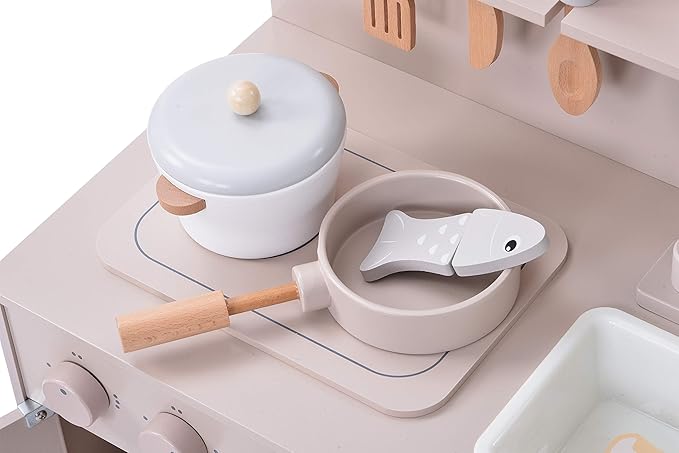 Kiddies Kingdom Wooden Toy Kitchen - Soft Pink, Mint Grey, White Imaginative Play For Ages 3 and Above