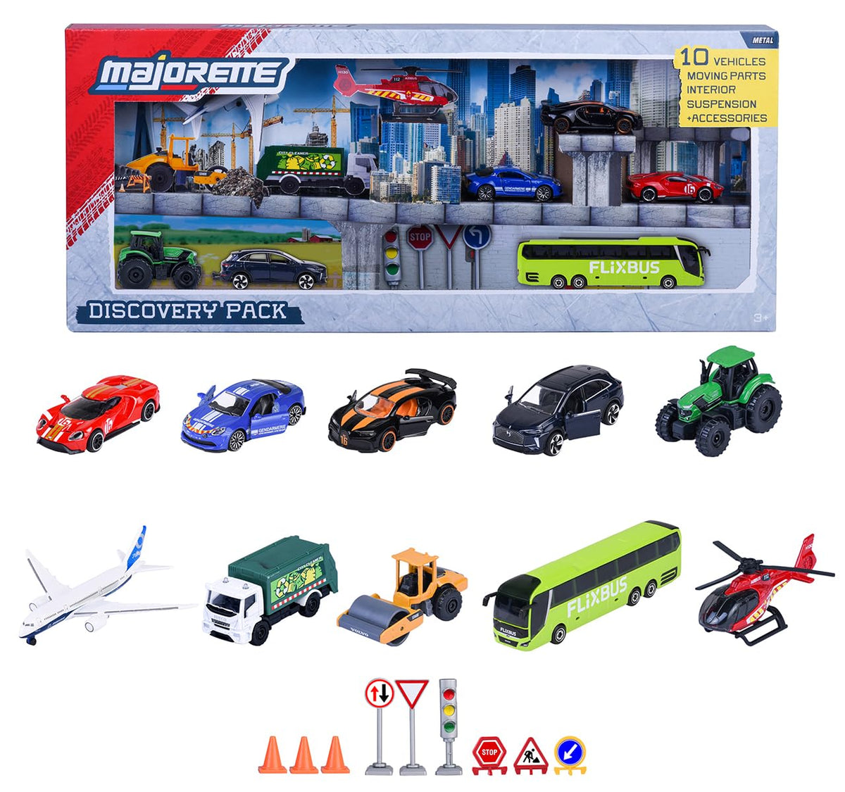 Majorette 10 Pieces Discovery Set 1:64 Scale Includes Traffic Signs for Interactive Play for Children Ages 3 Years and Up