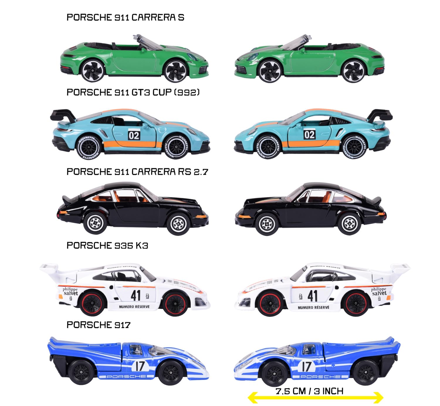 Majorette Porsche 5 Pack Set - Metal Toy Car with Freewheel, Suspension & Opening Parts for Kids & Collectors