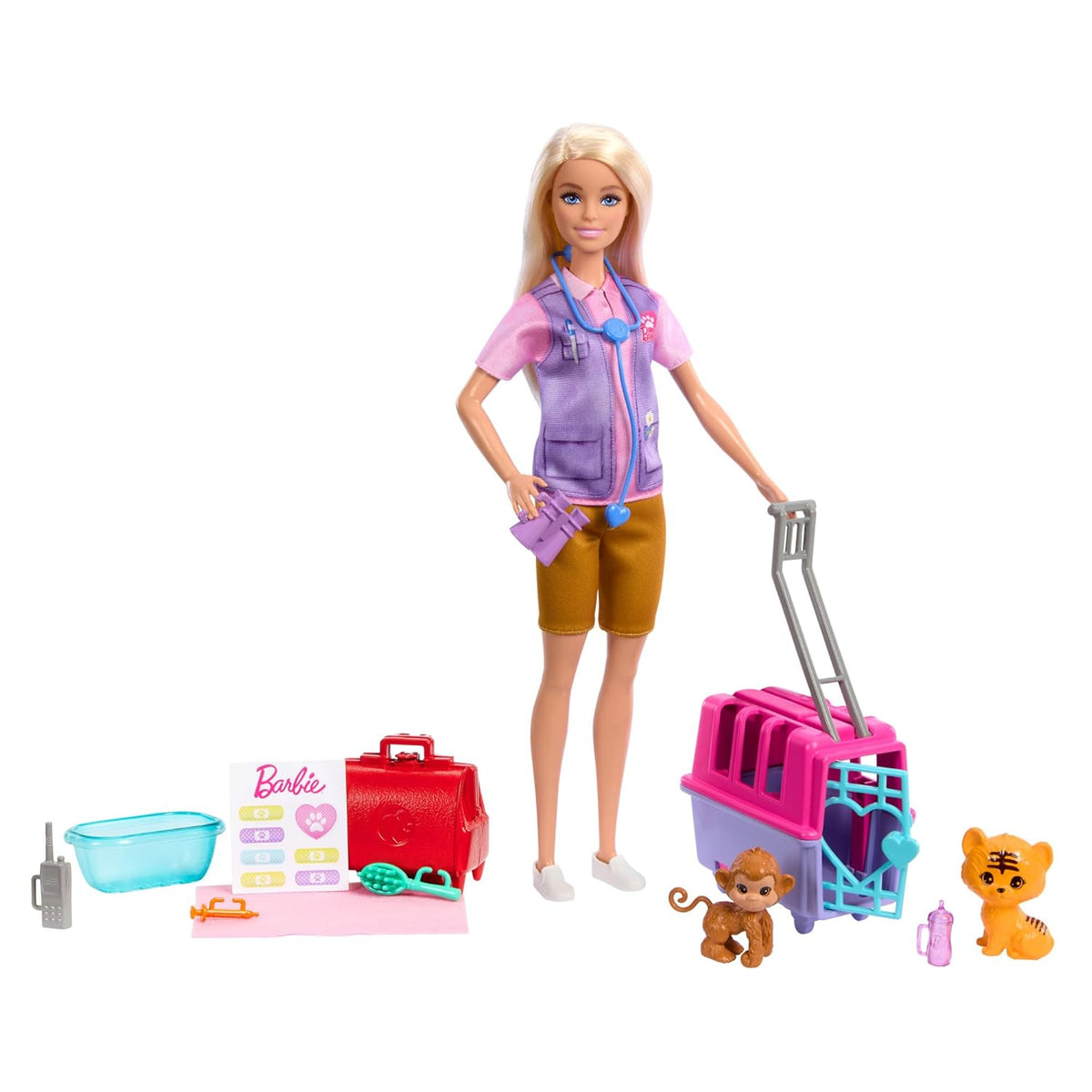 Barbie Careers Animal Rescue & Recovery Playset with Blonde Doll Baby Monkey & Tiger Figures, Carrier & Accessories for Kids Ages 3+