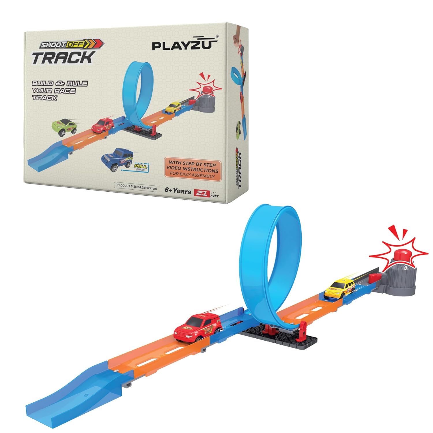 Playzu Shoot Off Launcher Track Set, 21 Pcs Single 360 Loop & 1 Car Track Play Set for Ages 6+