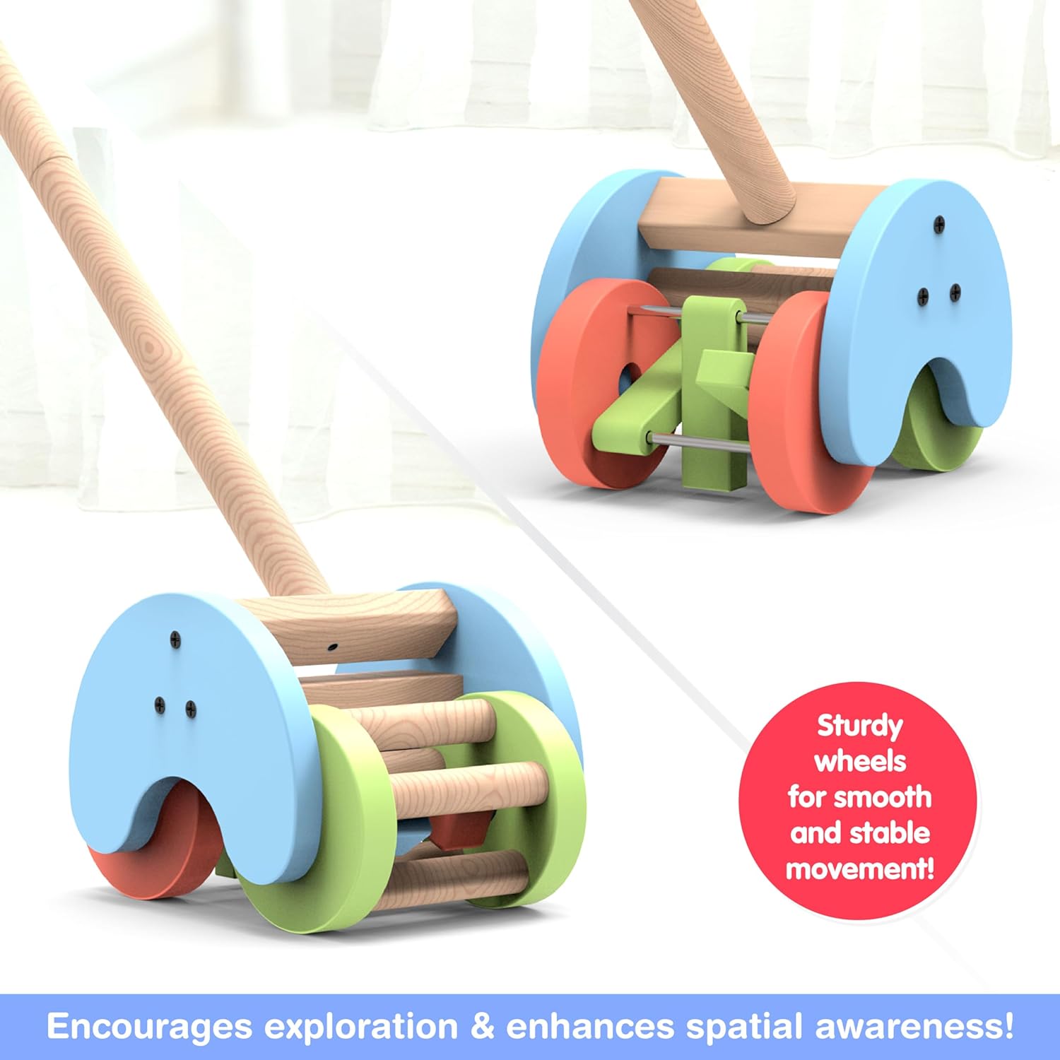 Funskool Giggles Rattle Strider Wooden,Push Along Toy, with Detachable Handle, Ideal for Toddlers Ages 18months and Above