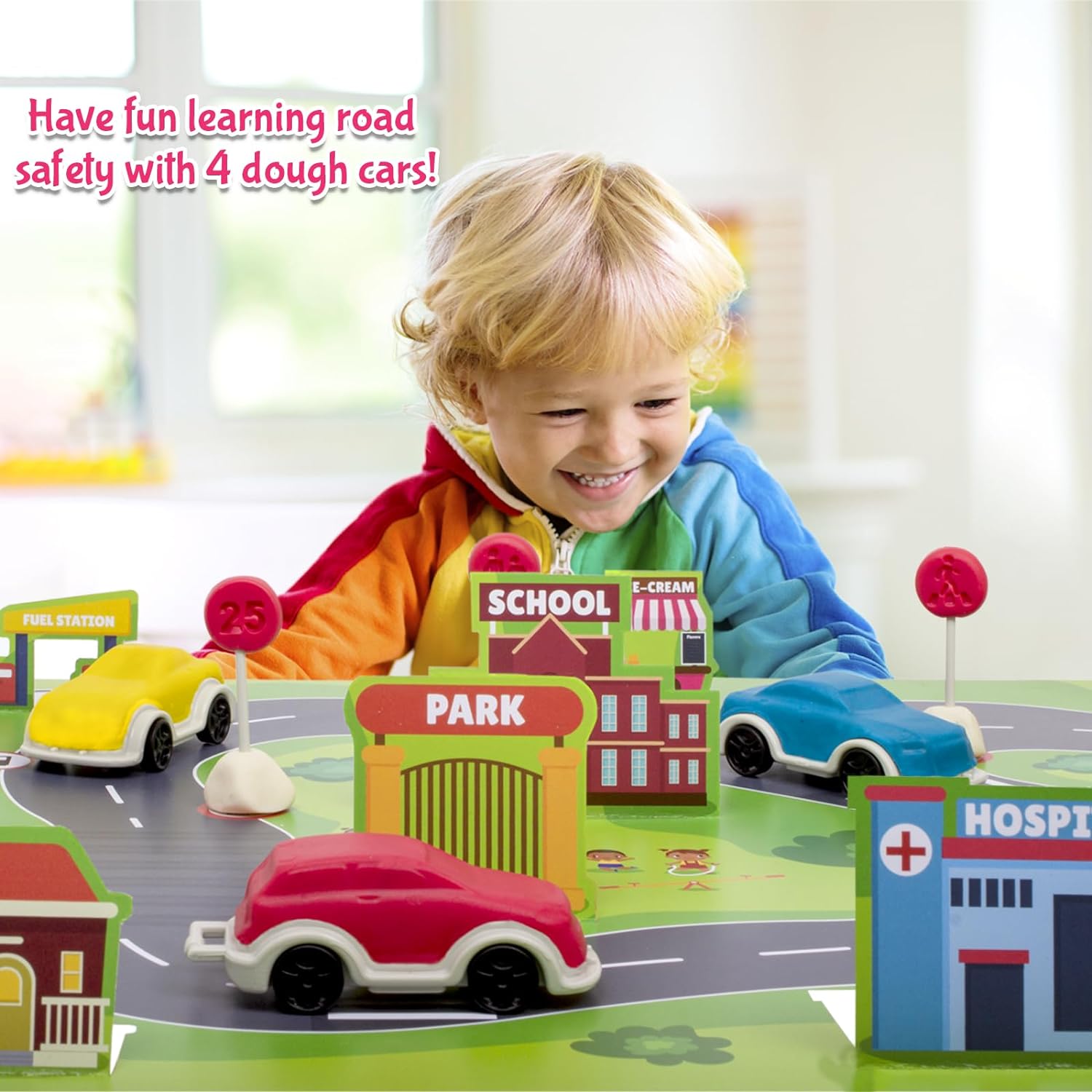 Funskool Fundough Lil' Road Explorer Cars Playset, Learn Traffic Safety and Traffic Rules, Flash Cards - Shaping, Sculpting Toy For 3 Years and Above