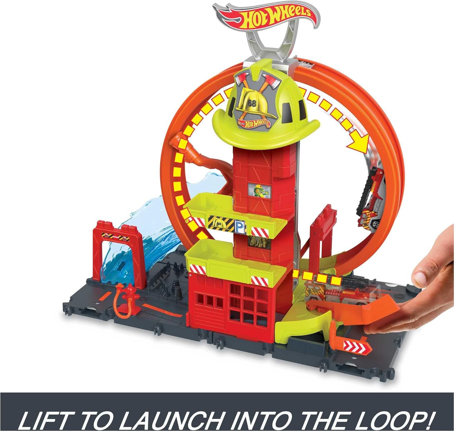 Hot Wheels City with 1 Toy Car, Kid-Powered Elevator, Water-Like Ramp, Track-Play Features, Connects to Other Sets, Fire Station with Super Loop​​ For Ages 4+