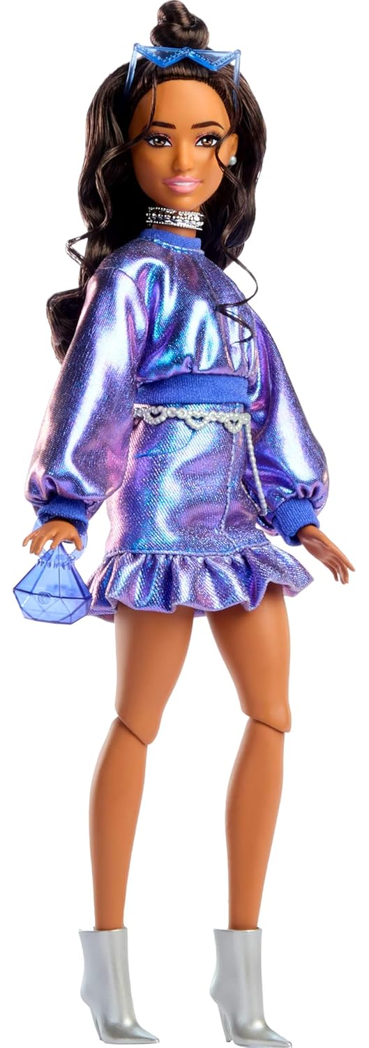 Barbie Deluxe Style Doll #7 in Metallic Blue Top and Skirt, Wavy Brown Hair, Accessories Like Silvery Jewelry, Crystal Handbag and Sunglasses
