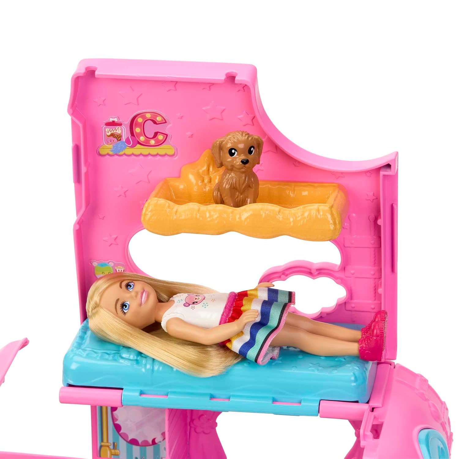 Barbie Chelsea Camper 2-in-1 Playset with Small Doll, 2 Pets & 15 Accessories, Vehicle Transforms into Camp Site for Kids Ages 3+