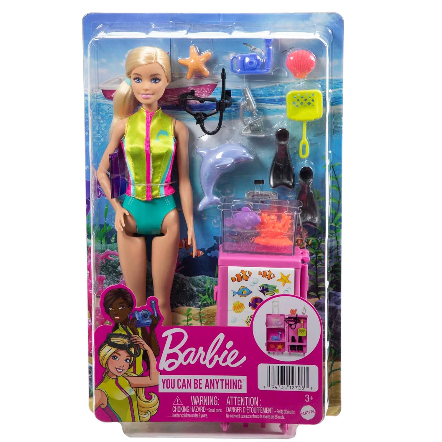 Barbie Blonde Hair Marine Biologist Doll & Mobile Lab Playset with 10+ Pieces Accessories, Case Opens for Storage & Travel for Kids Ages 3 and Up