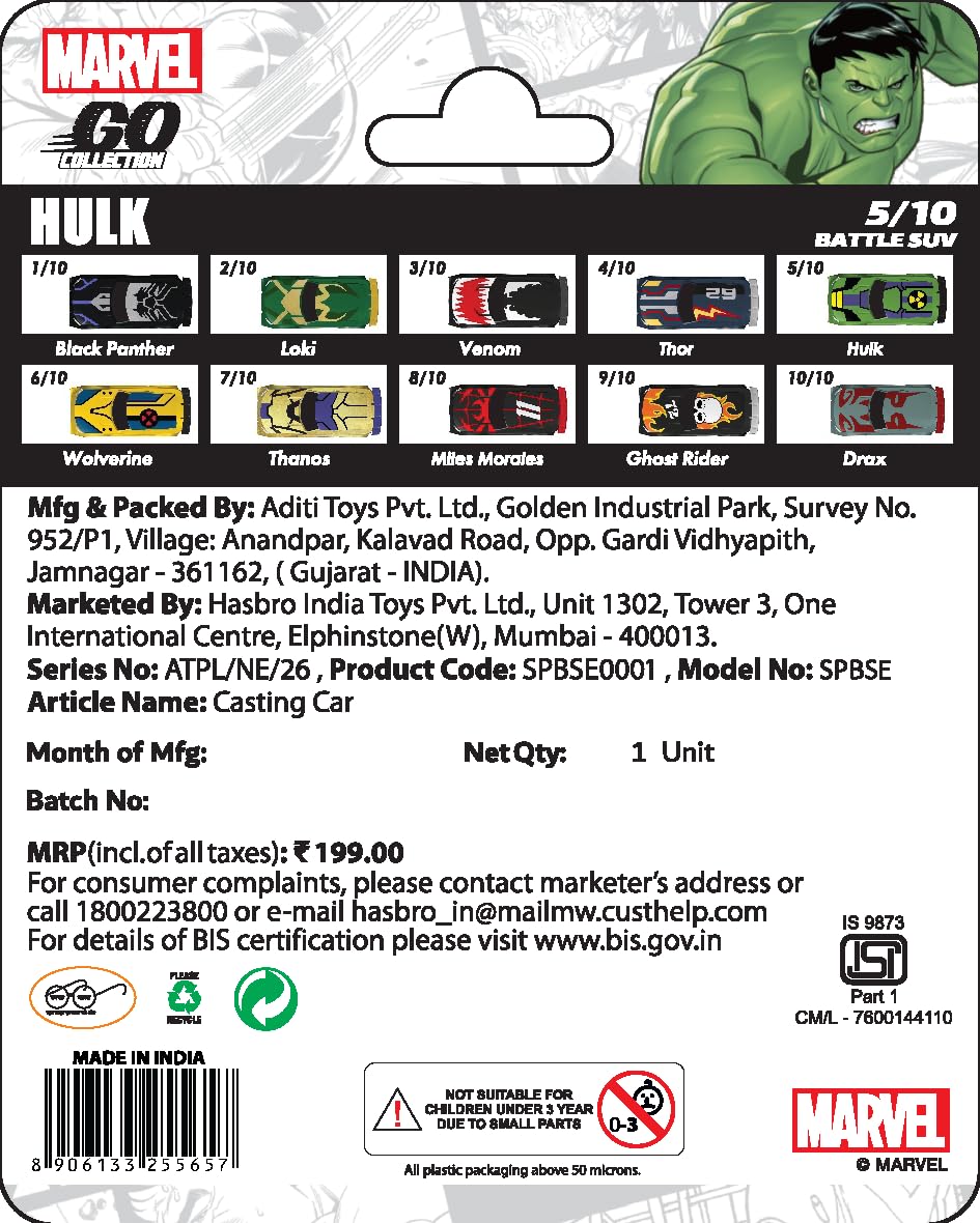 Marvel Go 1:64 Diecast Hulk Battle SUV Toy Car For Collection For Ages 3 Years And Up