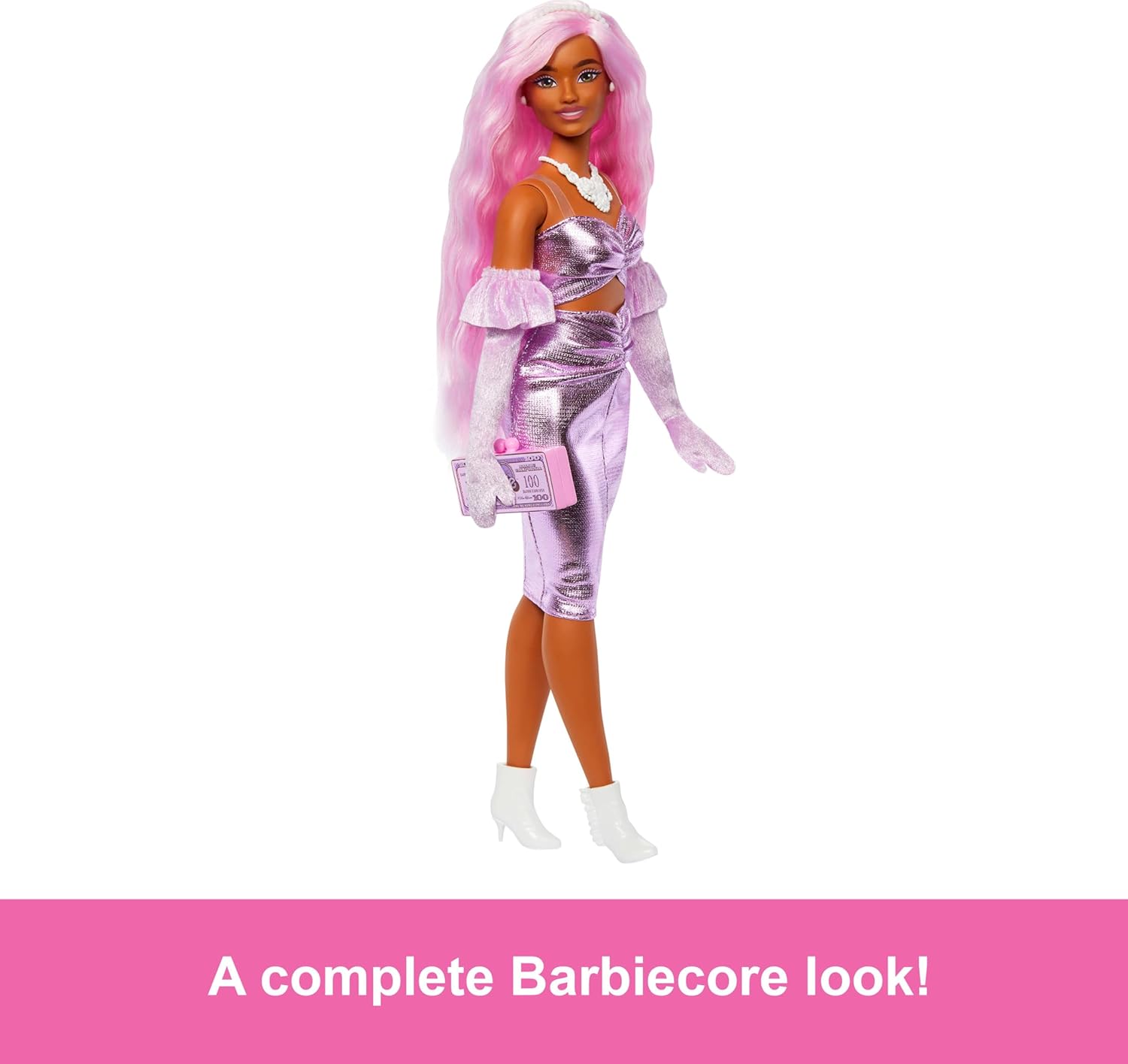 Barbie Deluxe Style Doll #1 in Barbiecore Outfit, Pink Hair and Glossy Pink Dress with Accessories for Kids Ages 4+