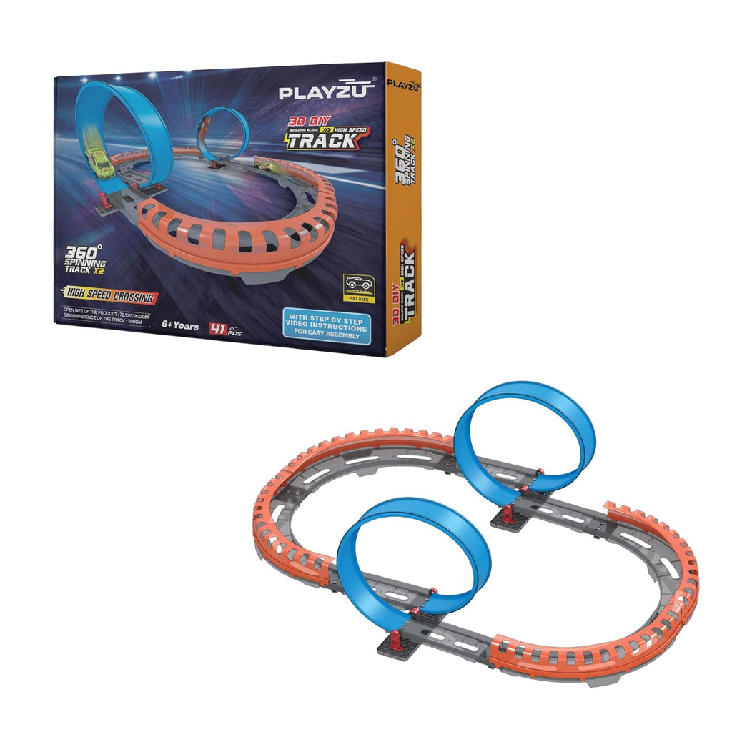Playzu High Speed Pull Back -2A 41 pcs Double 360 Degree Loops Racing Track Game with Building Block Sets and One Strong 1:64 Scaled Pull Back Car for Ages 6+