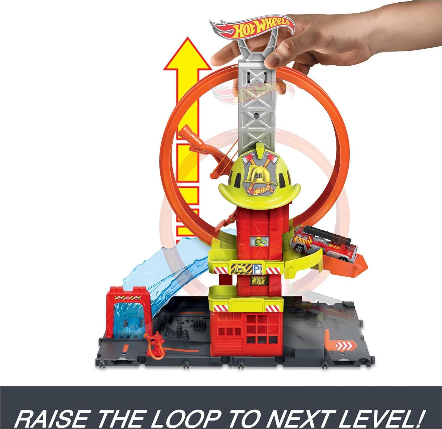 Hot Wheels City with 1 Toy Car, Kid-Powered Elevator, Water-Like Ramp, Track-Play Features, Connects to Other Sets, Fire Station with Super Loop​​ For Ages 4+