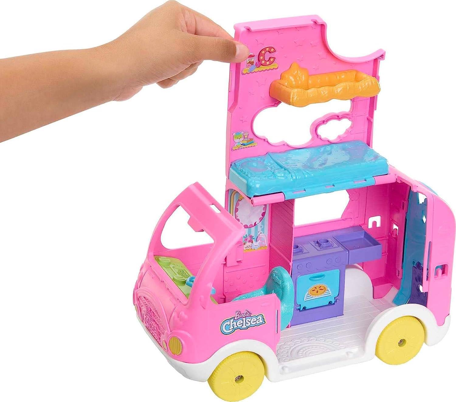 Barbie Chelsea Camper 2-in-1 Playset with Small Doll, 2 Pets & 15 Accessories, Vehicle Transforms into Camp Site for Kids Ages 3+