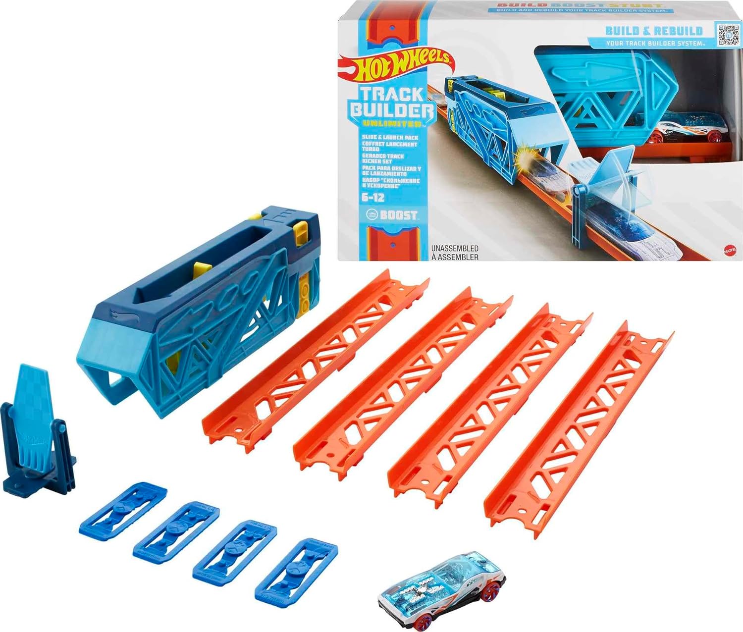 Hot Wheels Track Builder Unlimited Slide & Launch Pack for Kids 6 Years & Older with a 1:64 Scale Hot Wheels® Vehicle, Moveable Kicker Booster & 3 Track Pieces That Connect to Other Sets