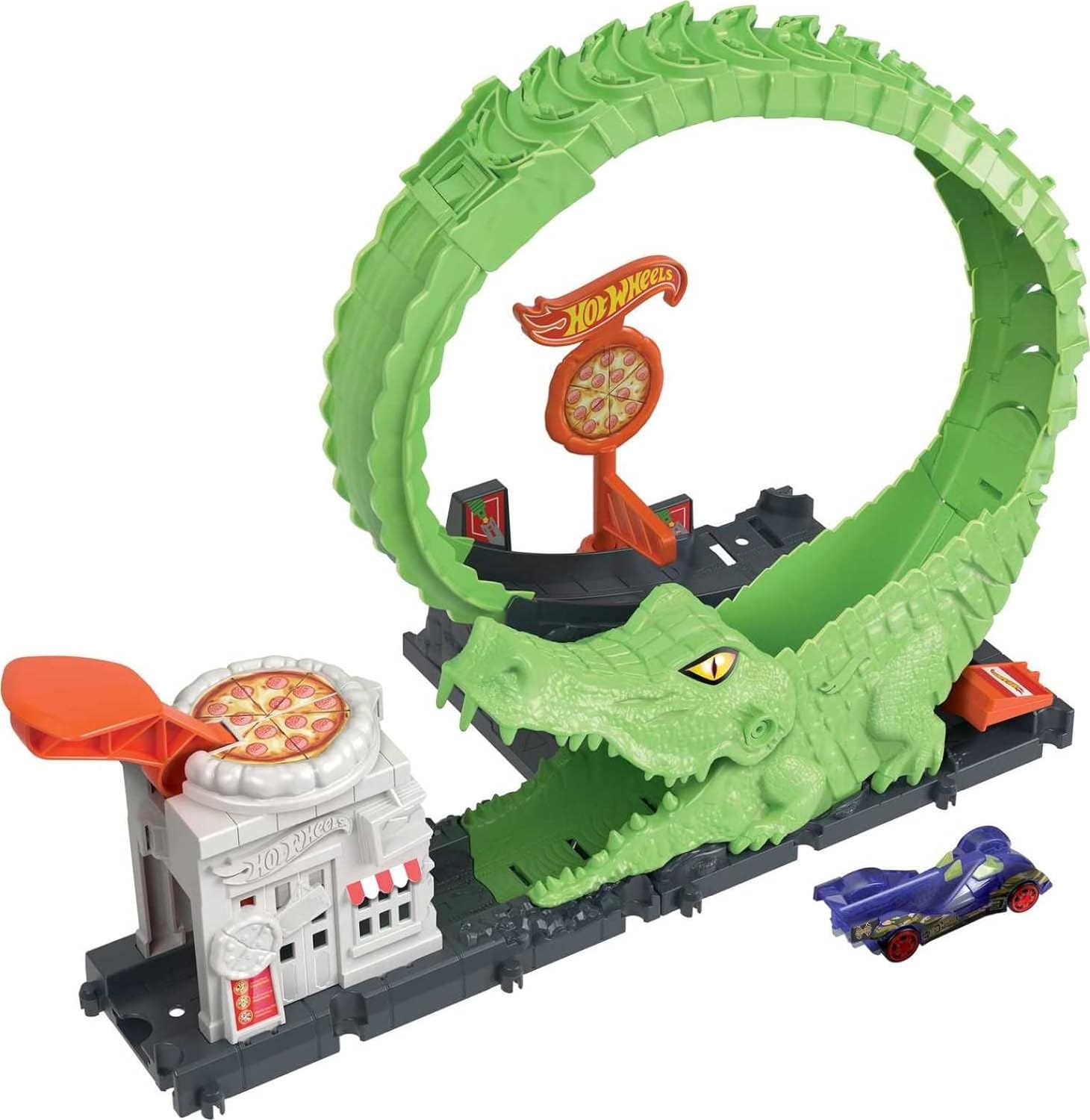 Hot Wheels Track Set with 1 Hot Wheels Car, Adjustable Track That Connects to Other Sets, Gator Loop Pizza Place Playset​