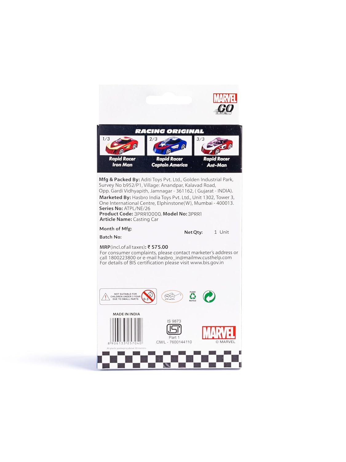 Marvel Go 1:64 Diecast Iron Man, Captain America and Ant-Man 3-Pack Rapid Racer Toy Car For Collection For Ages 3 Years And Up
