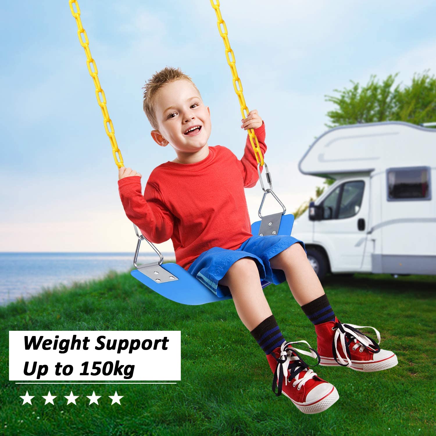 REZNOR EVA Flexible Swing Seat with 79 inch Anti-Rust Plastic Coated Chain Set for Kids, Playground, Jungle & Gym, Blue/Yellow