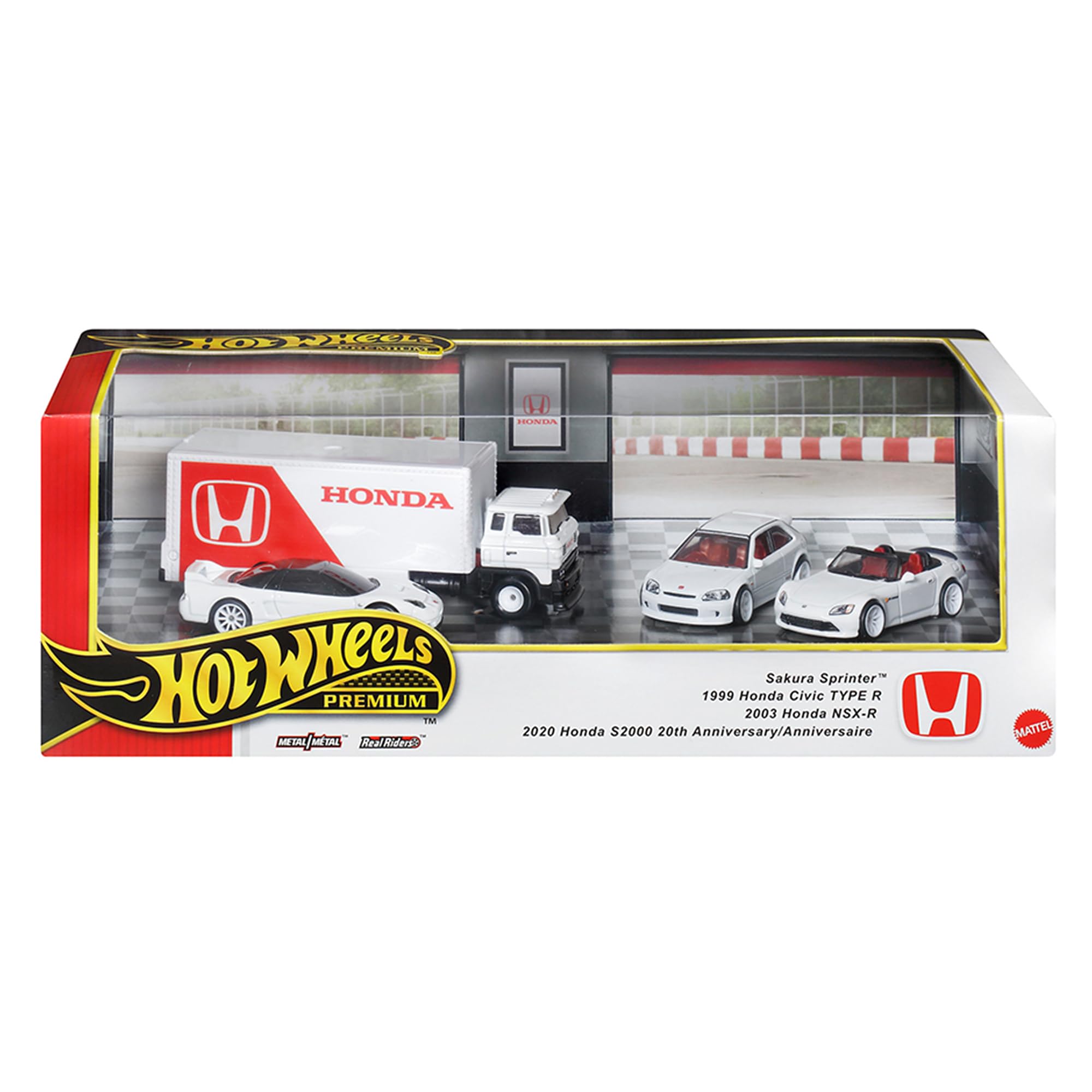 Hot Wheels Premium Honda Series Display Set Pack With 1:64 Scale Cars & 1:64 Scale Team Transport Vehicle including Metal Chassis & Real Riders Tires for Collectors