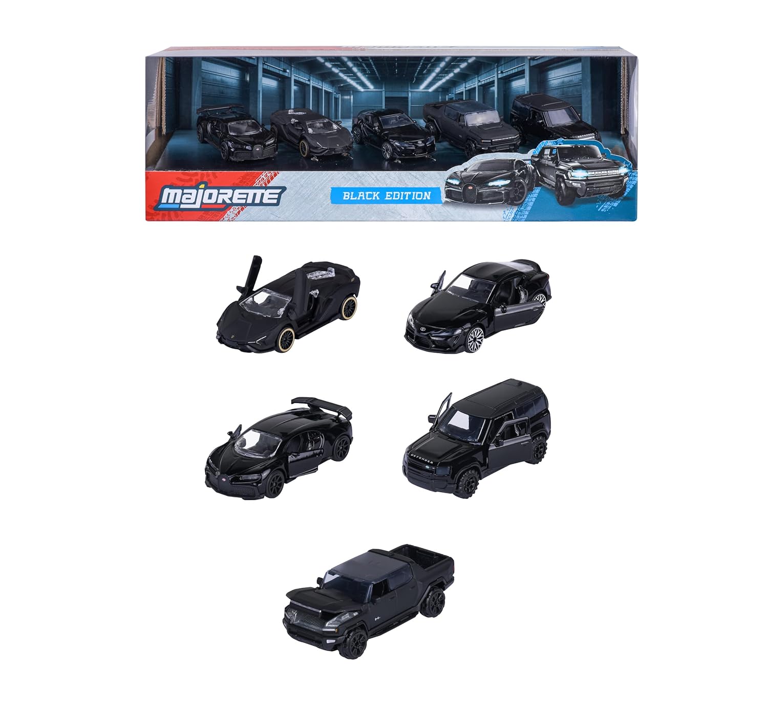 Majorette Black Edition 2.0 5 Pack Set - Metal Toy Car with Freewheel, Suspension & Opening Parts for Kids & Collectors