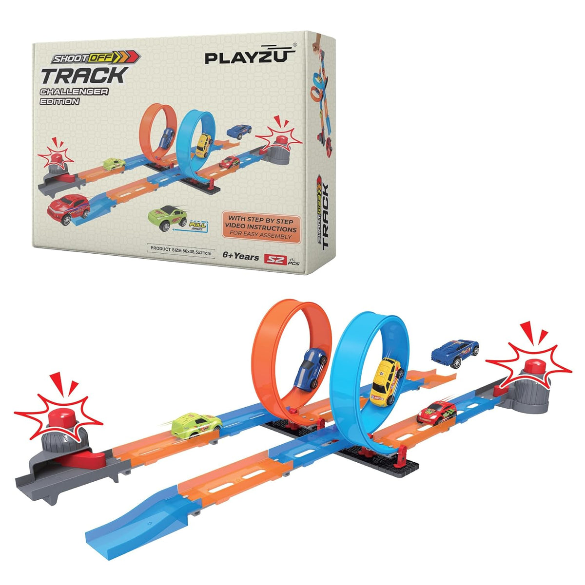Playzu Shoot Off Challenger Edition Track Set, 52 Pcs Single Twist Loop & 2 Car Track Play Set for 2 Players Ages 6+