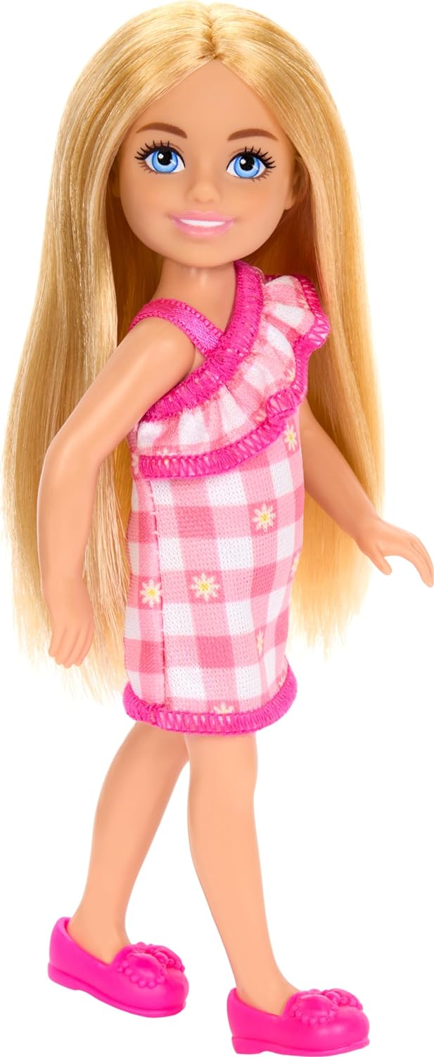 Barbie Chelsea Doll, Small Doll Wearing Removable Checked Dress & Pink Shoes with Blonde Hair & Blue Eyes