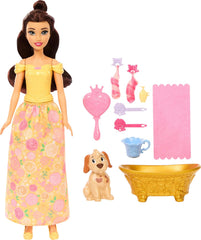 Disney Princess Belle Fashion Doll & Dog Figure with Color Change Spots, Bathtub, Brush & Hair Accessories, Inspired by Beauty & The Beast