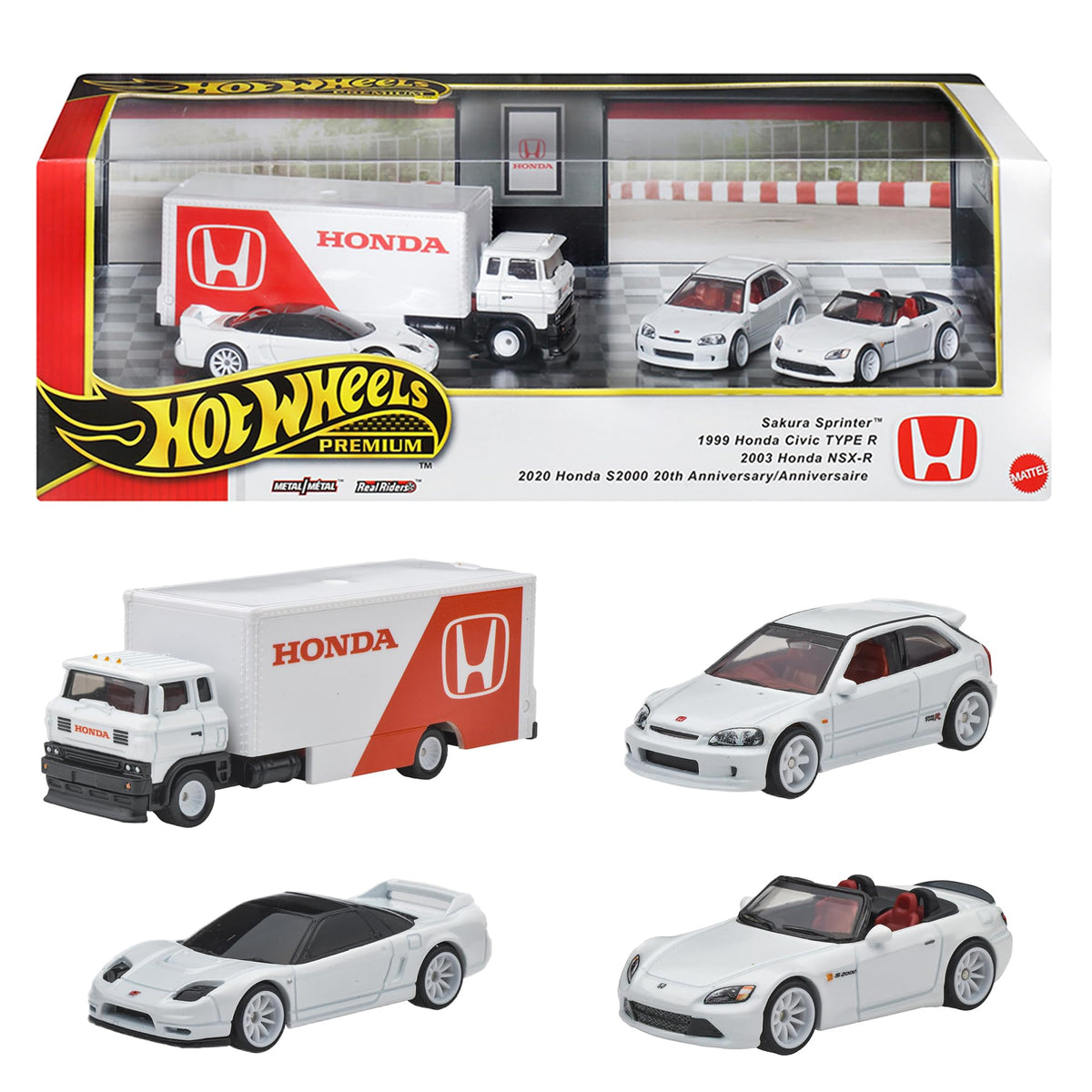 Hot Wheels Premium Honda Series Display Set Pack With 1:64 Scale Cars & 1:64 Scale Team Transport Vehicle including Metal Chassis & Real Riders Tires for Collectors