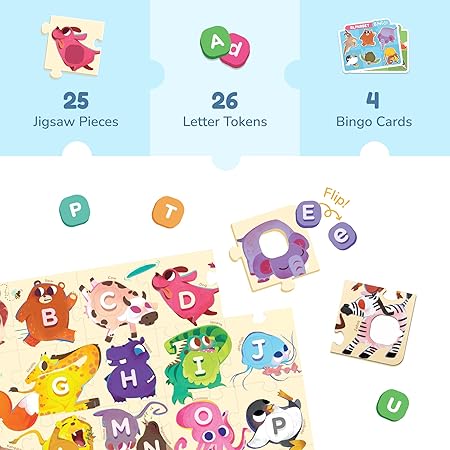 Bloomingo Learning Kit: ABC with Animals - Learn The Alphabets, Lowercase and Uppercase Letters with Fun Bingo Cards and Animal Puzzles