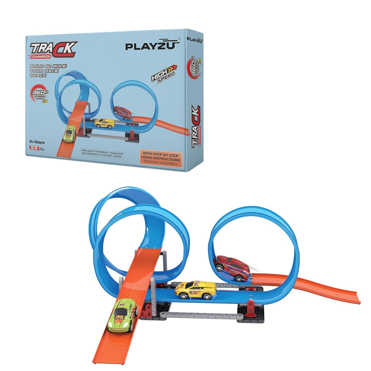 Playzu 55 pcs Triple 360 Degree Loops Racing Track Game with Building Block Sets and One Strong 1:64 Scaled Pull Back Car for Ages 6+