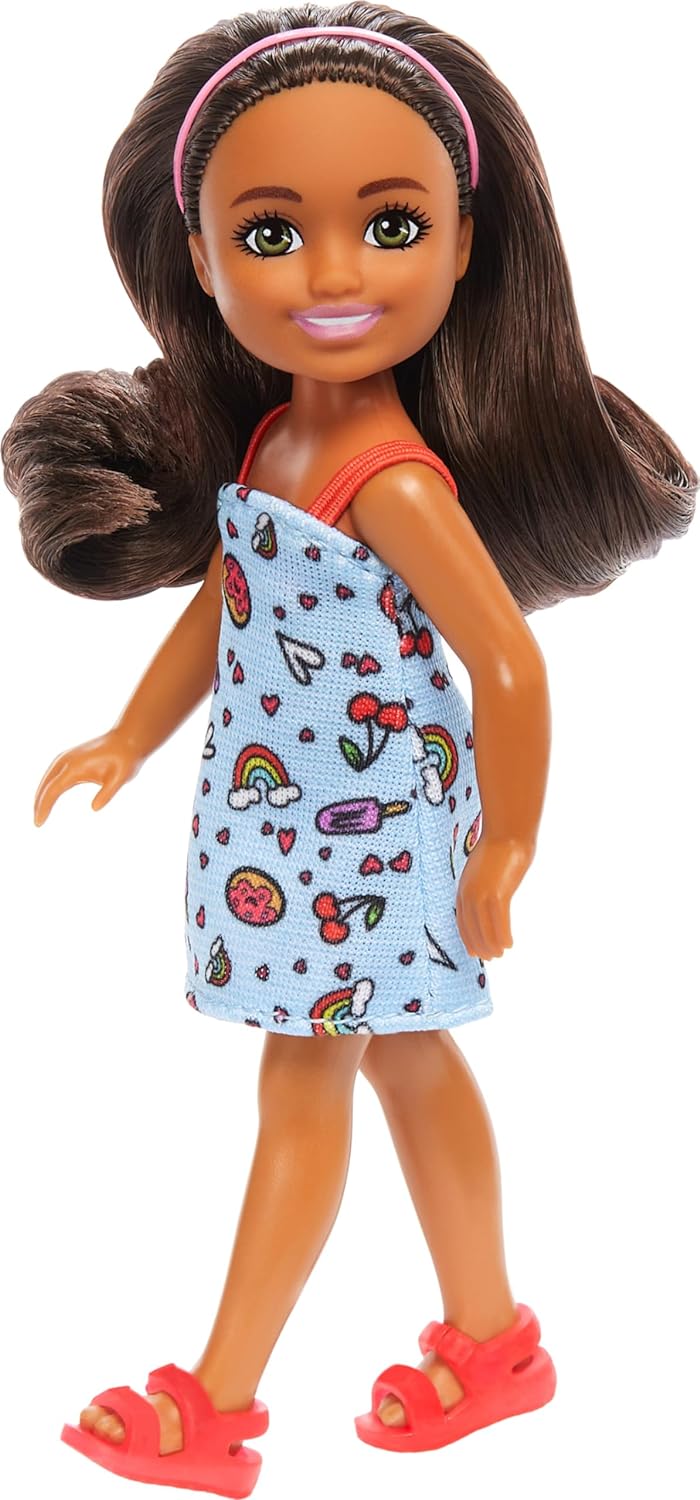 Barbie Chelsea Doll, Small Doll Wearing Removable Blue Dress with Colorful Print & Pink Shoes, Brown Hair & Green Eyes