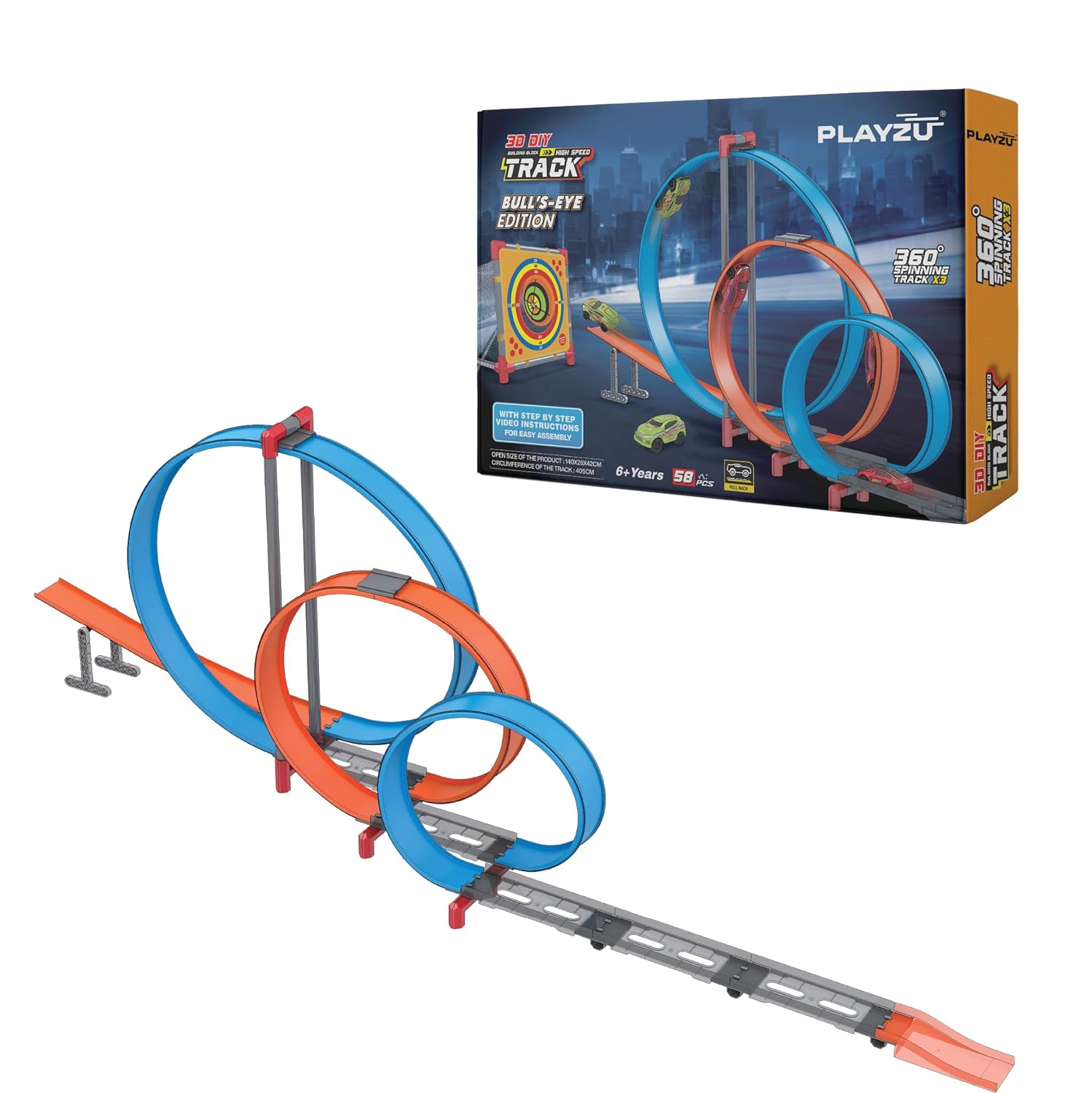 Playzu High Speed Pull Back -3A 59 pcs Triple 360 Degree Loops Racing Track Game with Building Block Sets and Two Strong 1:64 Scaled Pull Back Cars for Ages 6+