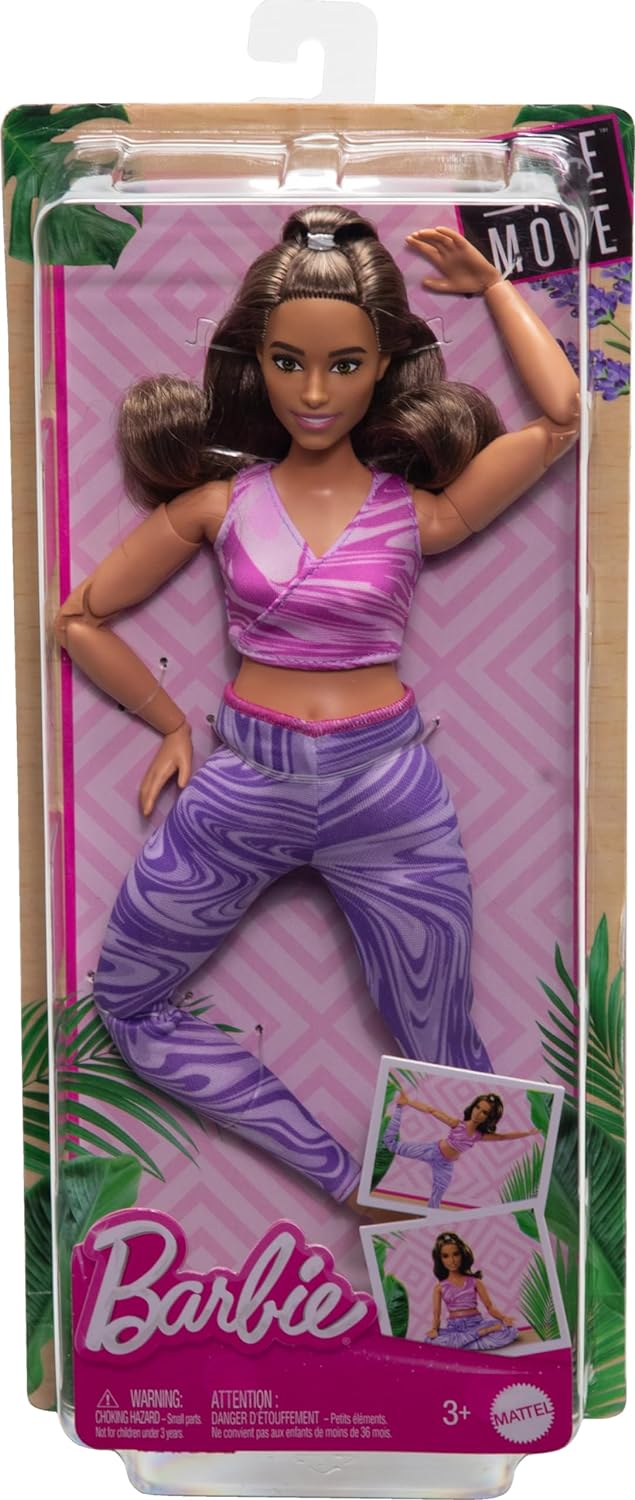 Barbie Made to Move Fashion Doll with Curvy Body & Brunette Hair Wearing Removable Pink Sports Top & Purple Yoga Pants, 22 Bendable Joints