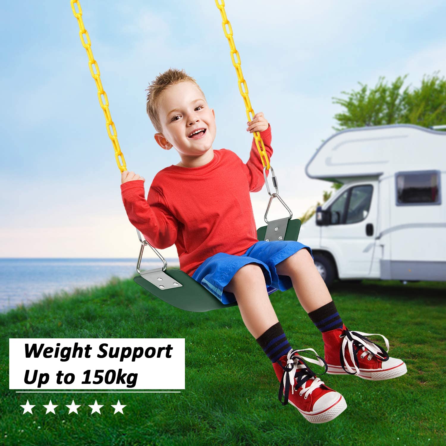 REZNOR EVA Plastic Flexible Swing Seat with 60 inch Plastic Coated Chain Set, Weight Support Upto 150kg, Green/Yellow
