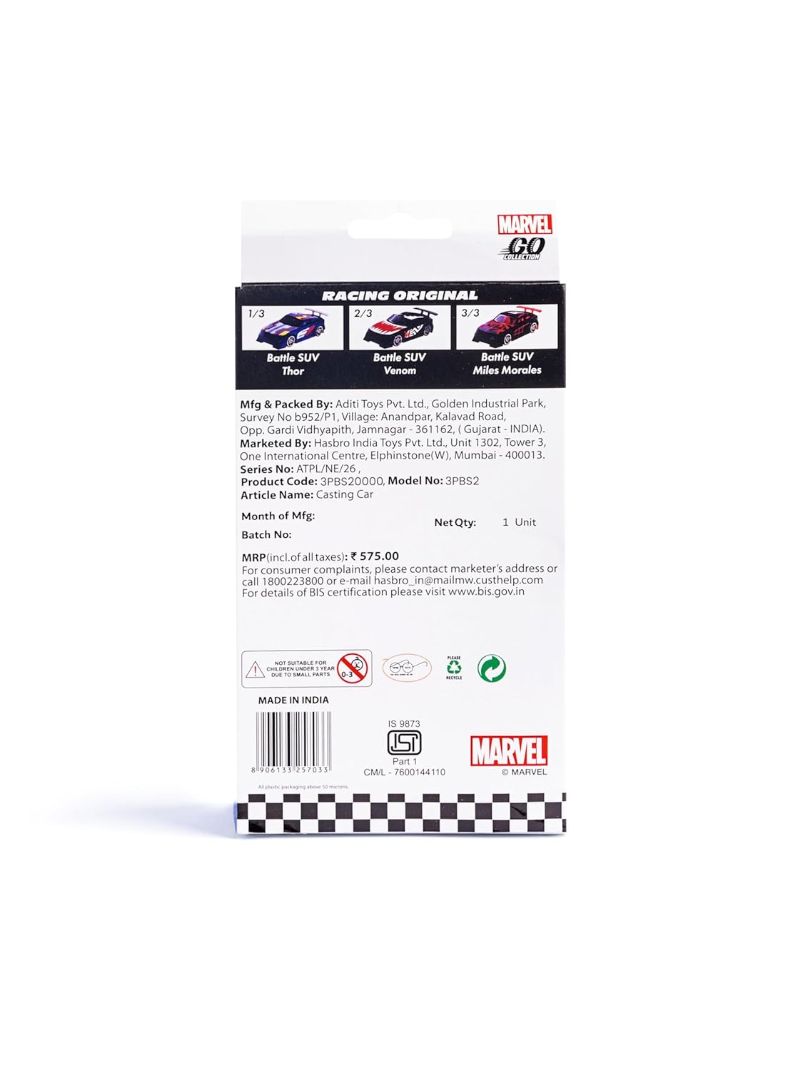 Marvel Go 1:64 Diecast Thor, Venom and Miles Morales 3-Pack Battle SUV Toy Car For Collection For Ages 3 Years And Up