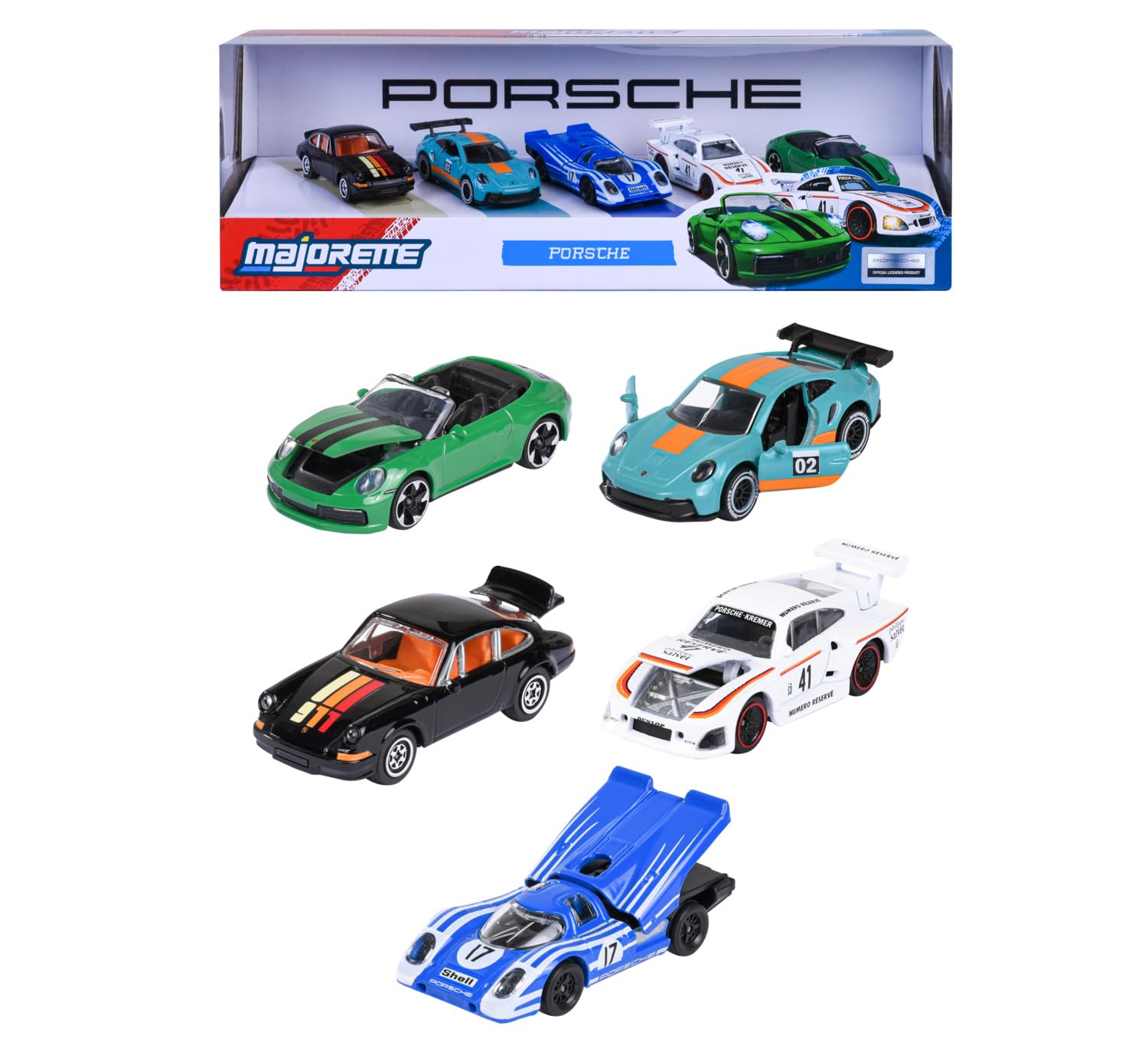 Majorette Porsche 5 Pack Set - Metal Toy Car with Freewheel, Suspension & Opening Parts for Kids & Collectors