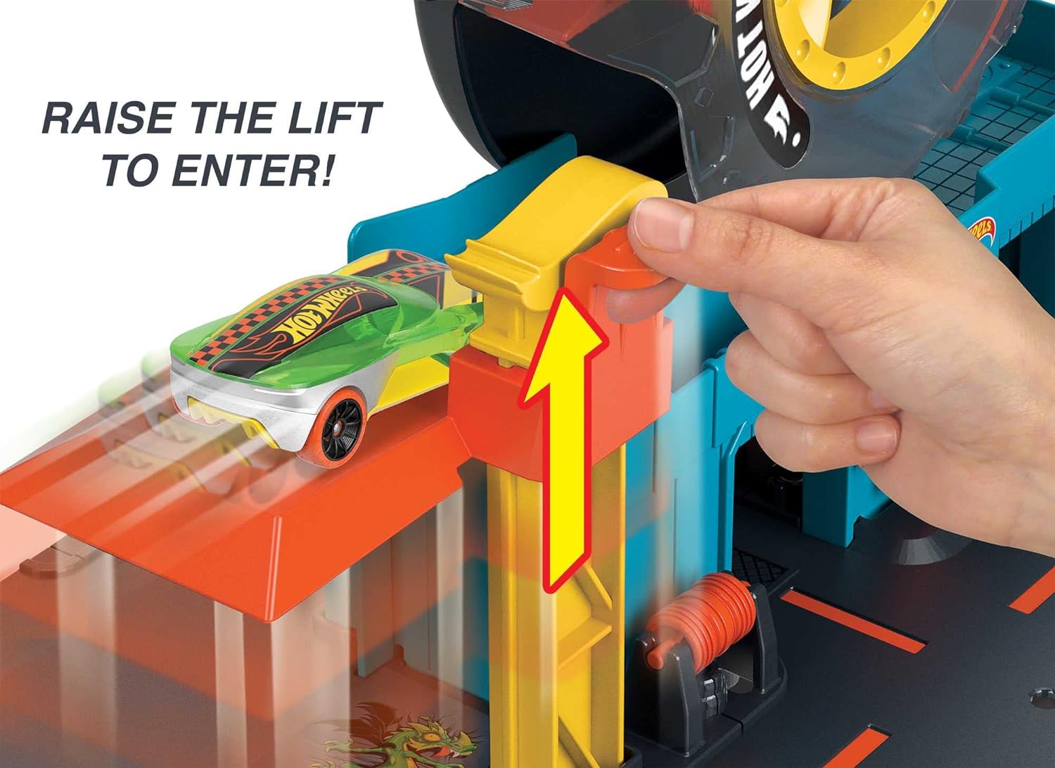 Hot Wheels City Super Twist Tire Shop Playset, Spin The Key to Make Cars Travel Through The Tires, Includes 1 Hot Wheels Car, Gift for Kids 4 to 8 Years Old