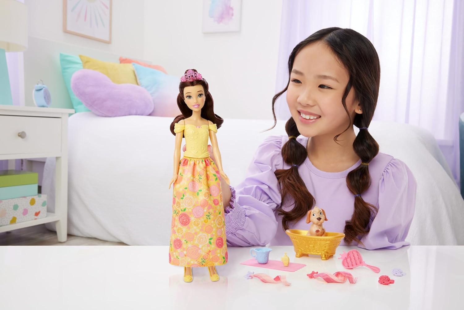 Disney Princess Belle Fashion Doll & Dog Figure with Color Change Spots, Bathtub, Brush & Hair Accessories, Inspired by Beauty & The Beast