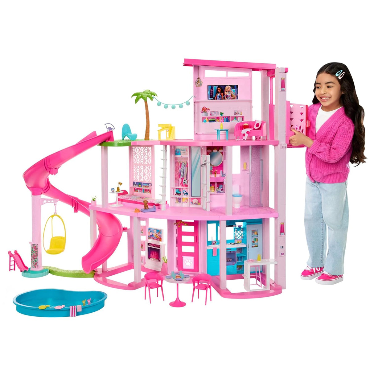 Barbie Dreamhouse, Pool Party Doll House with 75+ Pieces and 3-Story Slide, Pet Elevator and Puppy Play Areas for Ages 3+