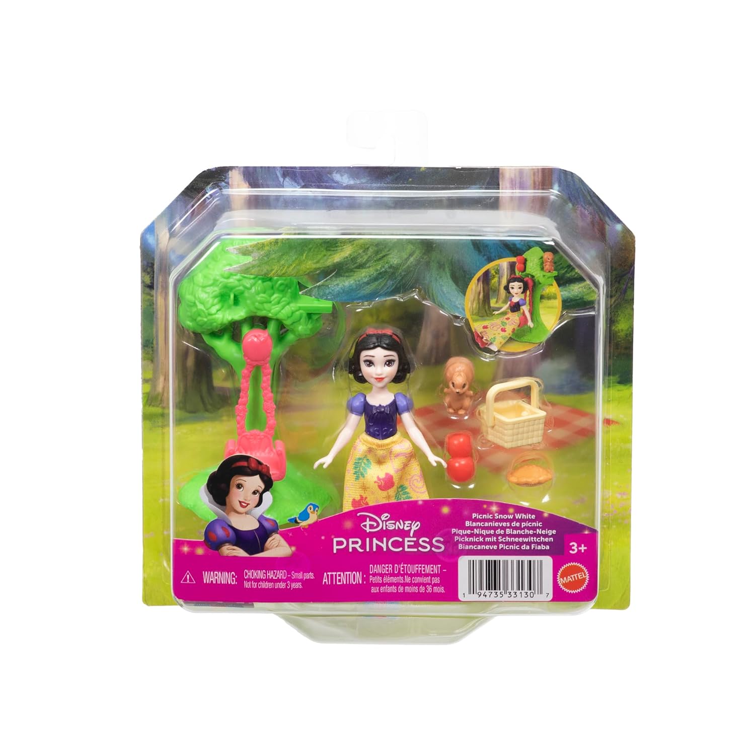 Disney Princess Snow White Small Doll with 5 Picnic Accessories, Including Tree with Swing, Animal Friend & Play Food, Inspired by Disney Princess Movie