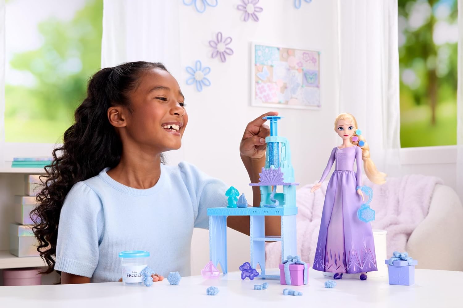Disney Frozen Elsa Fashion Doll in Purple Look with ICY Creations Playset, Sparkly Dough, 3 Molds & 6 Accessories Inspired by Movie