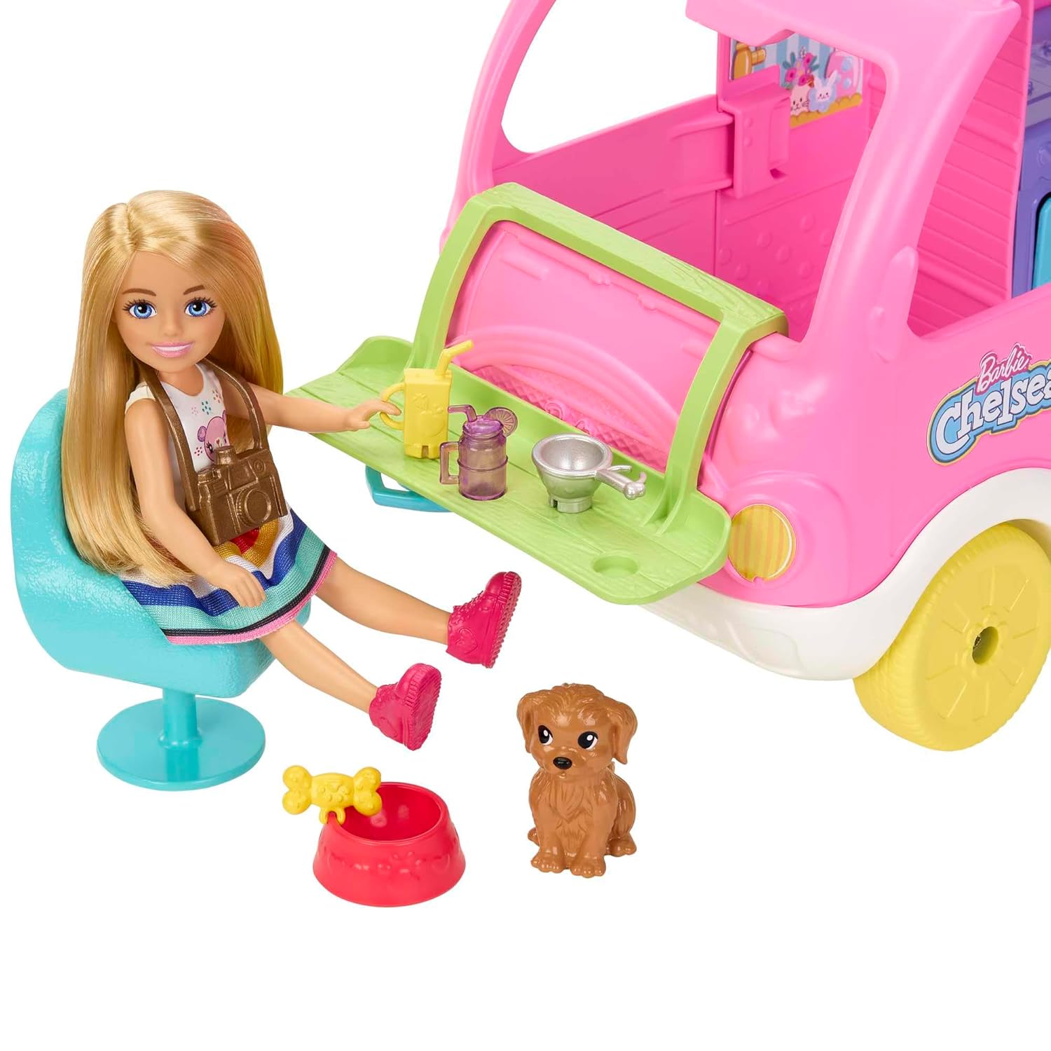 Barbie Chelsea Camper 2-in-1 Playset with Small Doll, 2 Pets & 15 Accessories, Vehicle Transforms into Camp Site for Kids Ages 3+