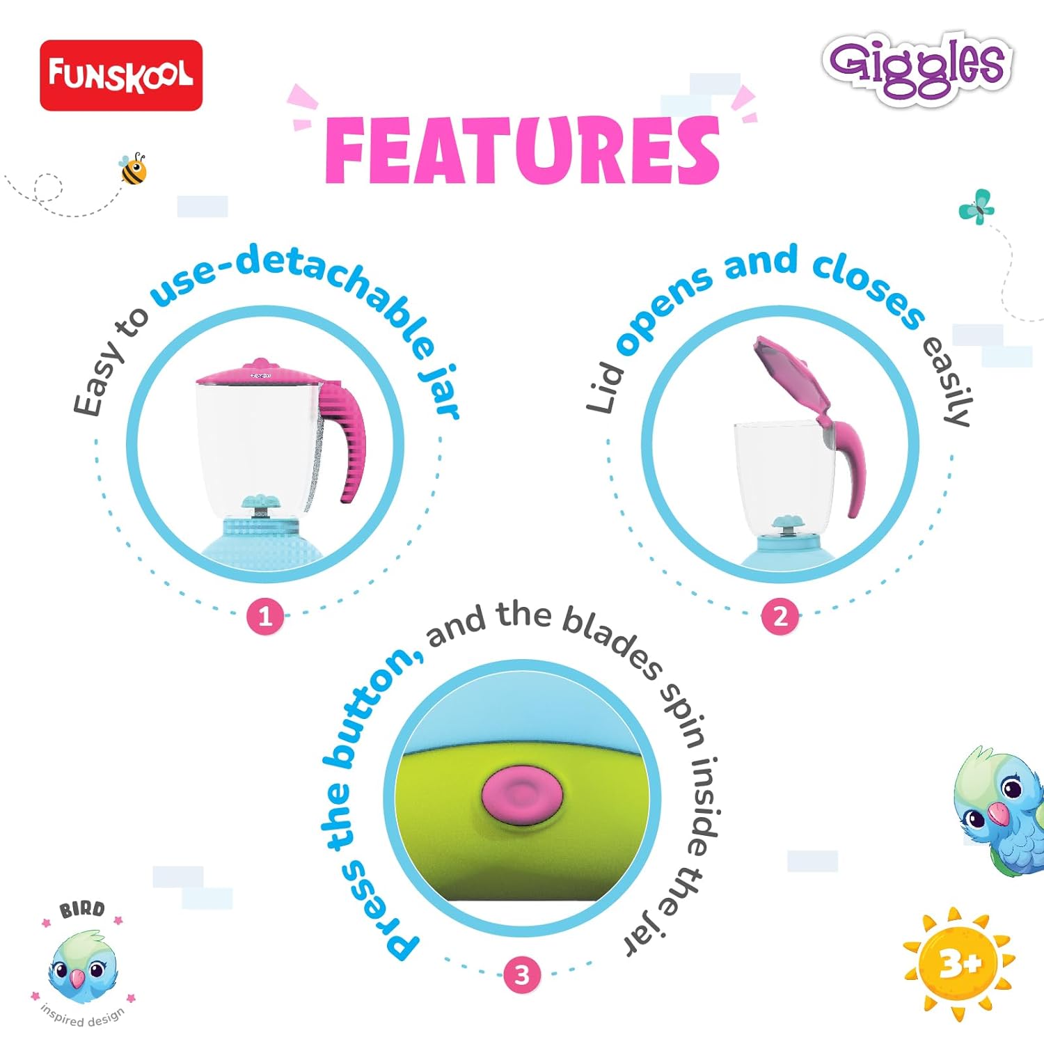 Funskool Giggles Playset Happy Lil Home-Juicer, Bird Inspired Pretend Role-Play Toy with Electronic Sounds,Mixer Blade,for Kids 3 Year Old & Above