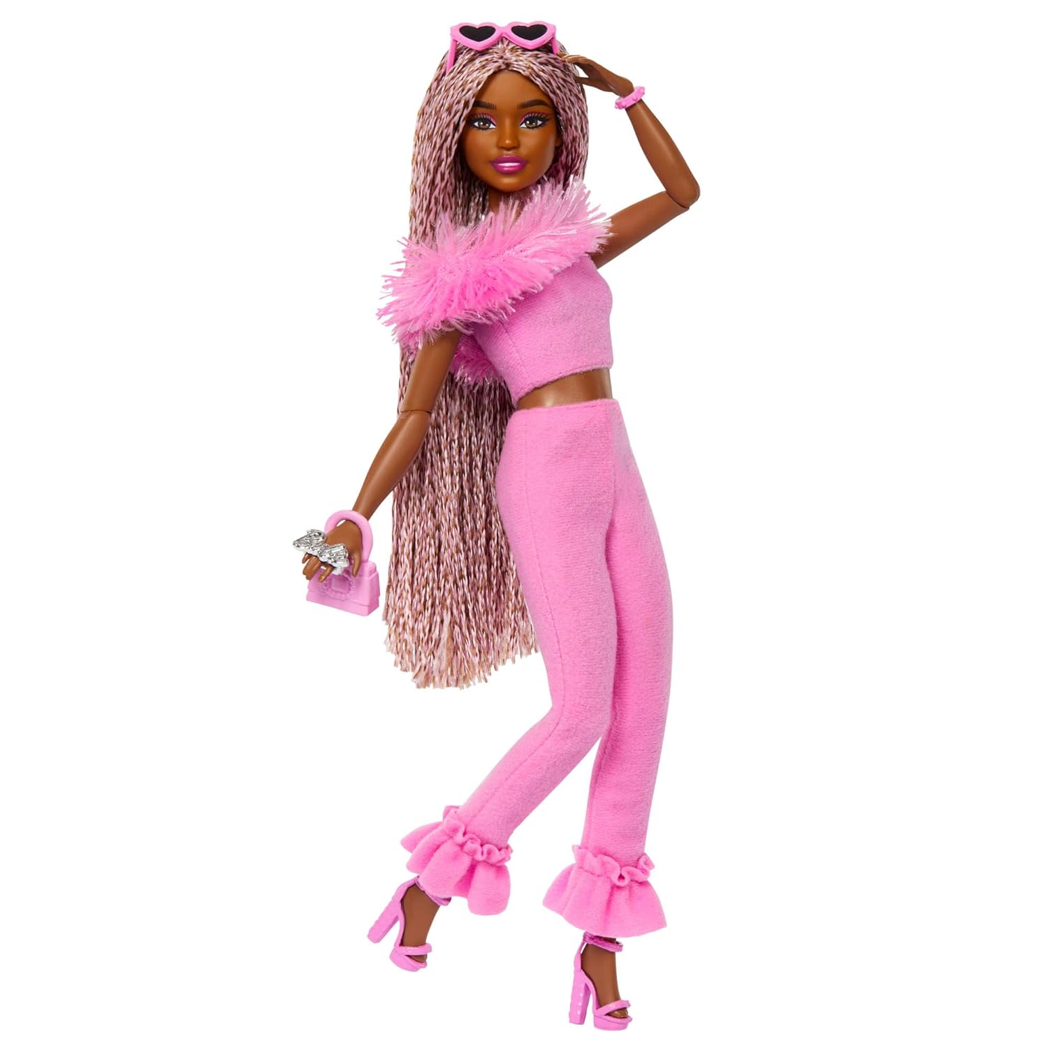 Barbie Deluxe Style Doll #4 in Barbiecore Outfit, Pink and Brown Braids, Soft Pink Top and Pant Set with Furry Collar With Accessories​​​ for Kids Ages 4+