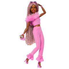 Barbie Deluxe Style Doll #4 in Barbiecore Outfit, Pink and Brown Braids, Soft Pink Top and Pant Set with Furry Collar With Accessories​​​ for Kids Ages 4+