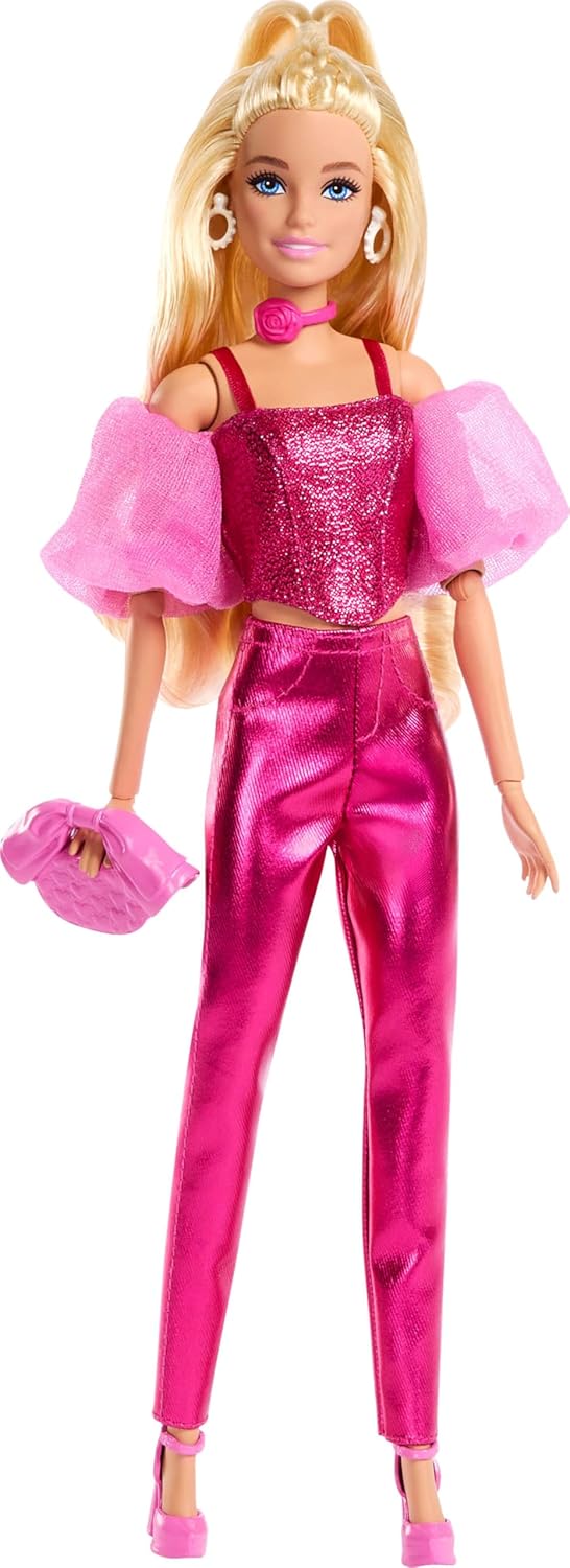 Barbie Deluxe Style Doll #5 in Metallic Pink Outfit, Blonde Hair, Sparkly Corset Top and Shiny Pants with Accessories Like Rose Necklace and Handbag
